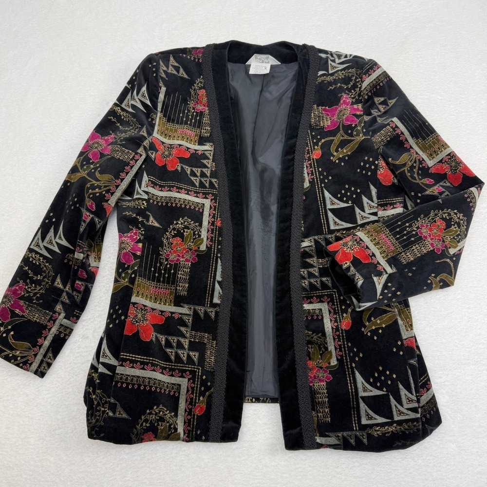 Vintage 80s 90s Velvet Open Front Jacket Blazer Womens‎ 12 Floral Art to Wear